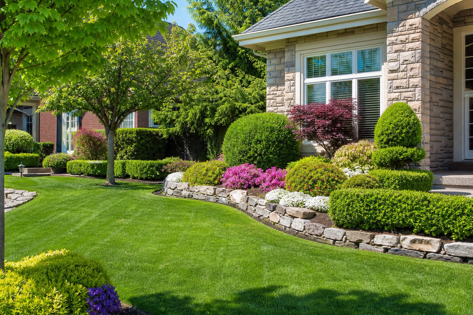 Manicured front yard with flower beds