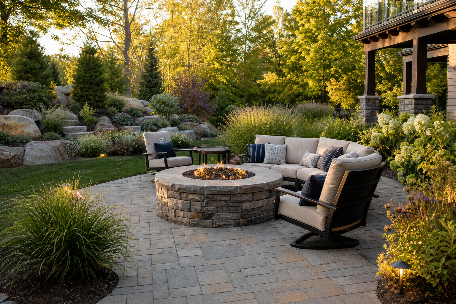Backyard paver patio with fire pit