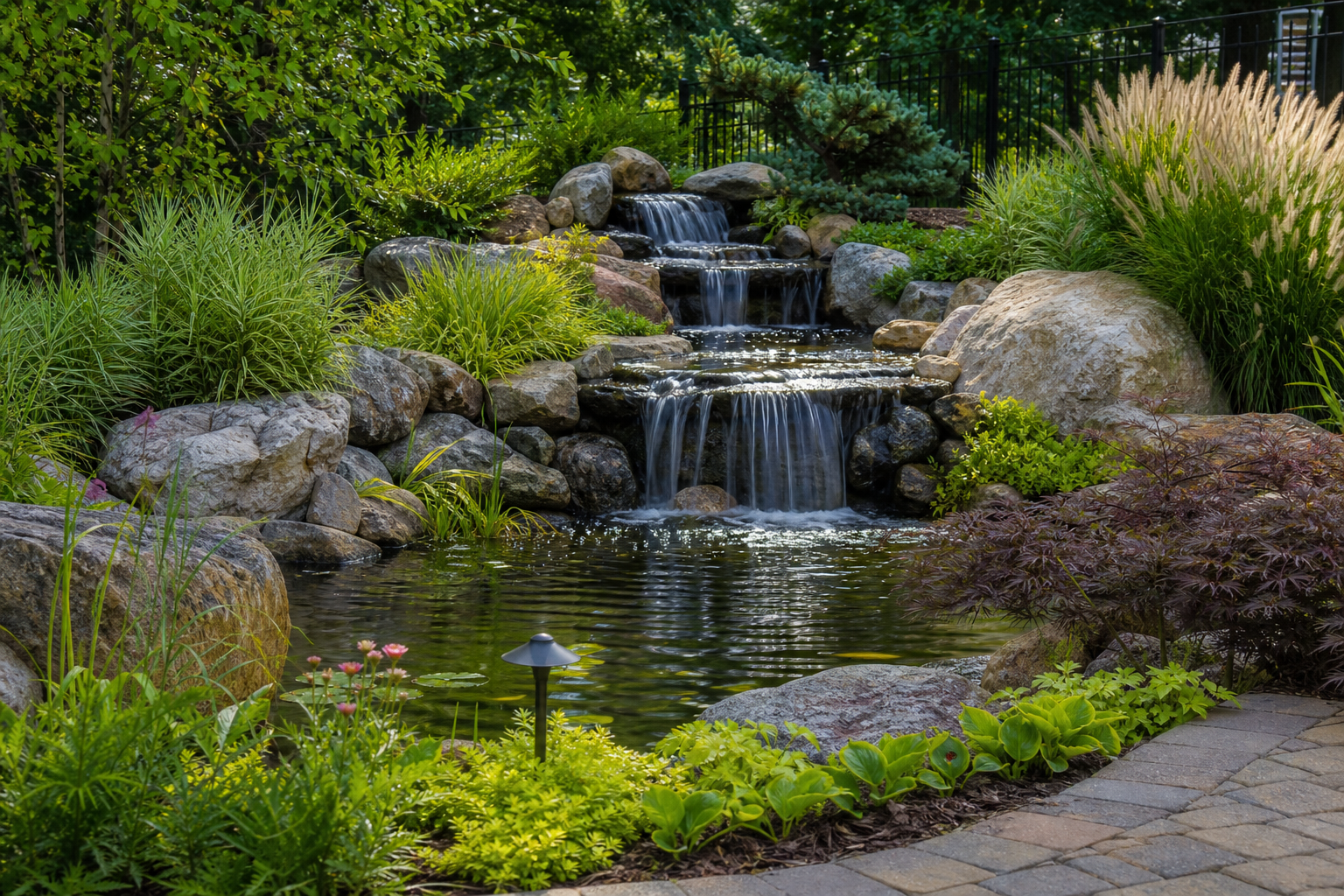 Backyard pond with rock waterfall